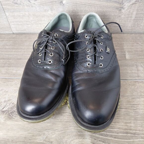 FootJoy DryJoy Tour Golf Shoes Men 9.5 Black Leather Waterproof Soft Spike 53676 - Picture 3 of 12